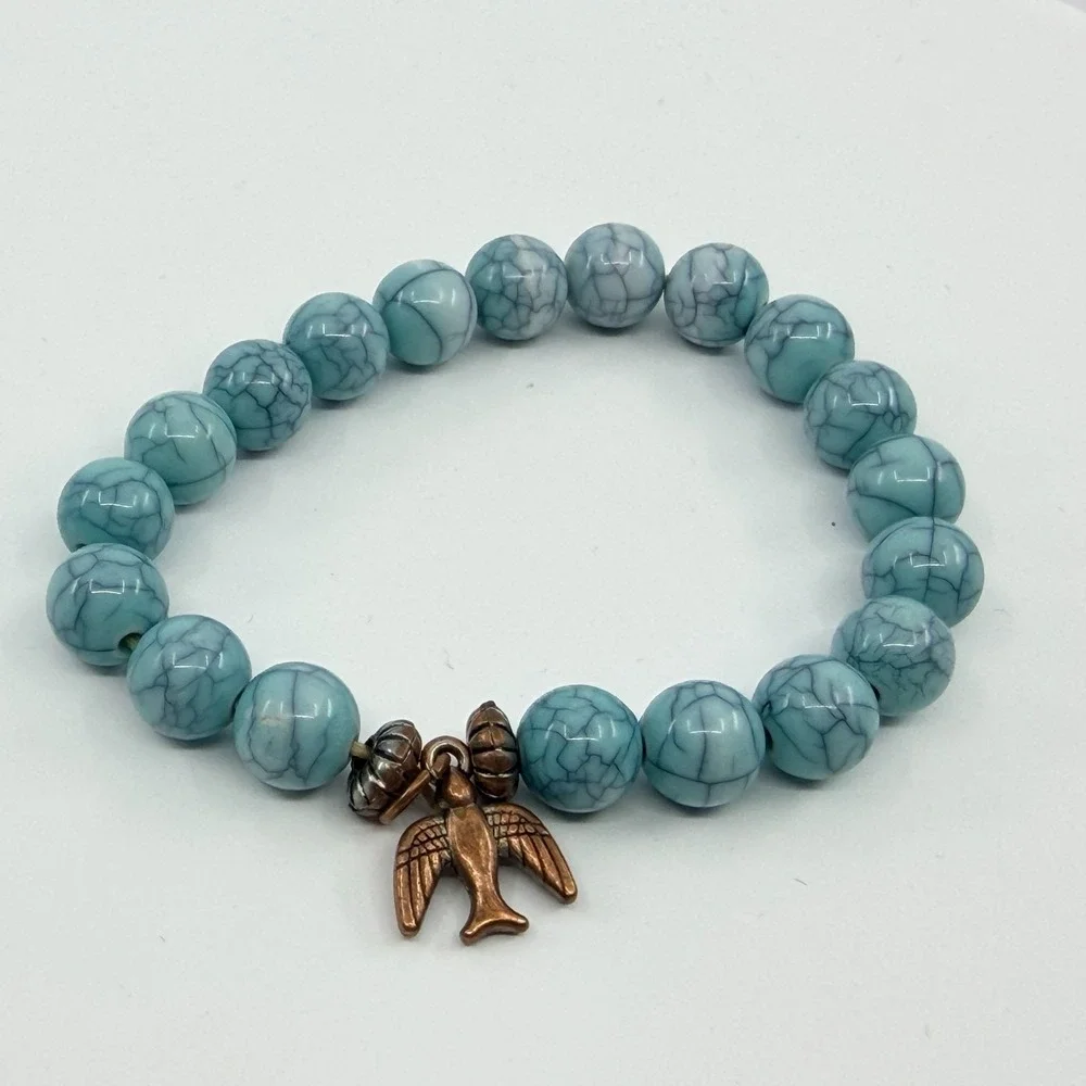 VTG Y2K Faux Turquoise Beaded Stretch Bracelet Copper Tone Bird Charm Boho Retro